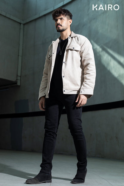Cream Color Code Fabric Double Part Jacket with Button