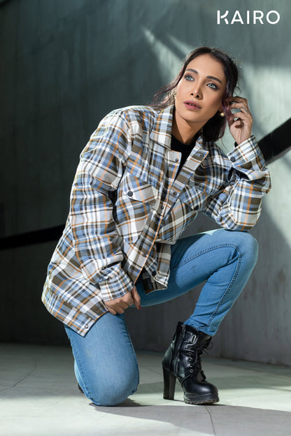 Blue and White Color Check Double Part Jacket