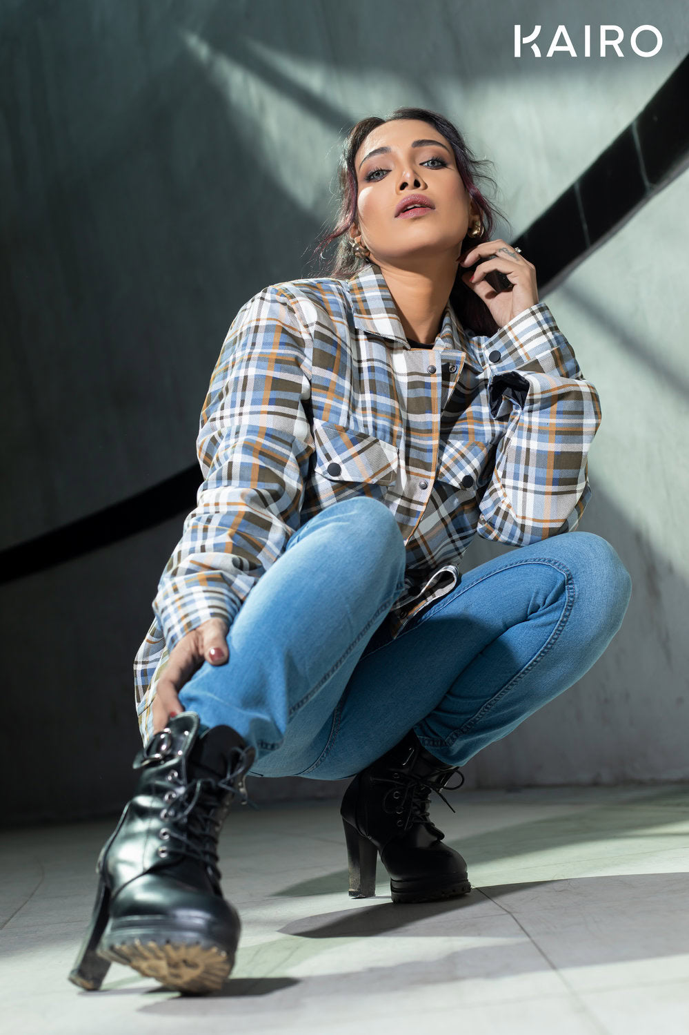 Blue and White Color Check Double Part Jacket