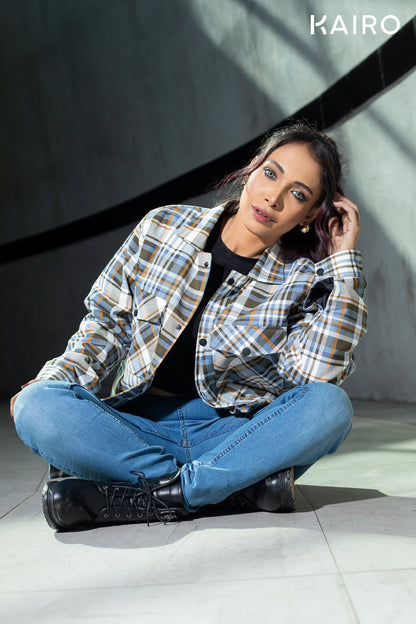Blue and White Color Check Double Part Jacket