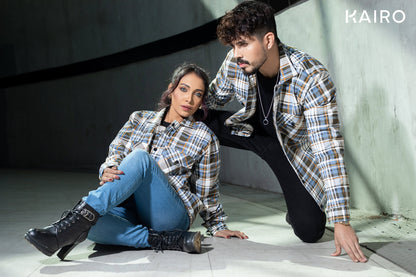 Blue and White Color Check Double Part Jacket