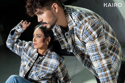 Blue and White Color Check Double Part Jacket