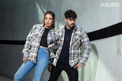 Blue and White Color Check Double Part Jacket