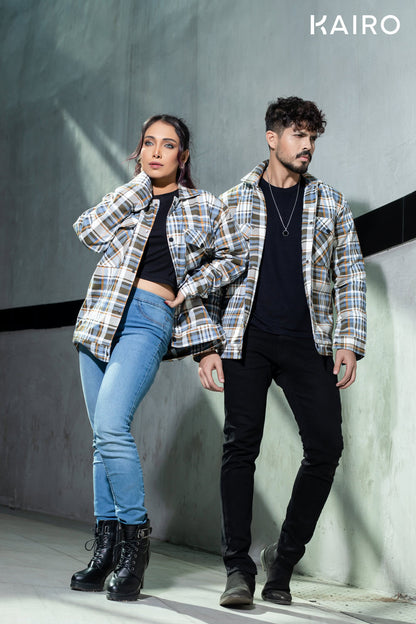 Blue and White Color Check Double Part Jacket