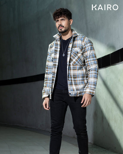 Blue and White Color Check Double Part Jacket