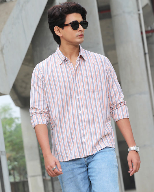 Gray and Tangerine Short-Cut Full Sleeve Remi-Cotton Striped Shirt