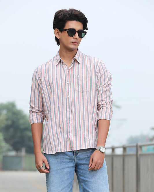 White with Orange &amp; Grey Striped Remi Cotton Full Sleeve Shirt for Men – Casual Weekend Style