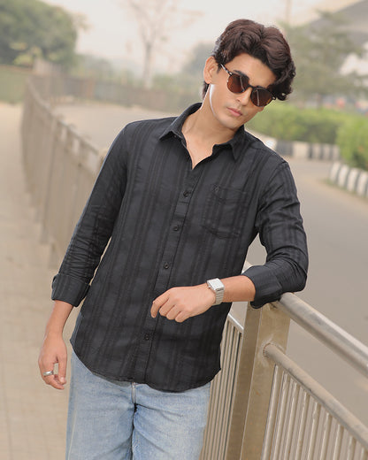 Black Full Sleeve Remi-Cotton Striped Shirt