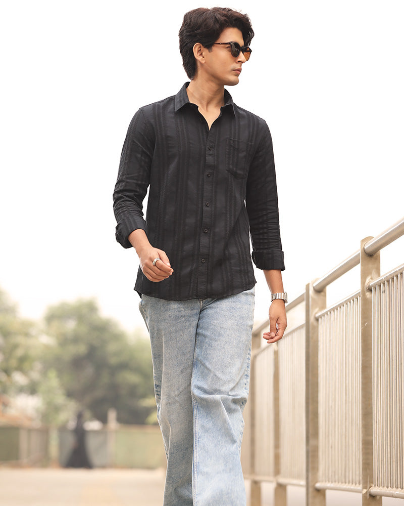 Black Full Sleeve Remi-Cotton Striped Shirt