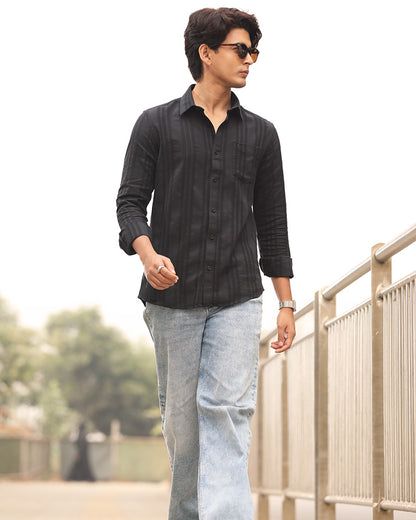 Black Full Sleeve Remi-Cotton Striped Shirt