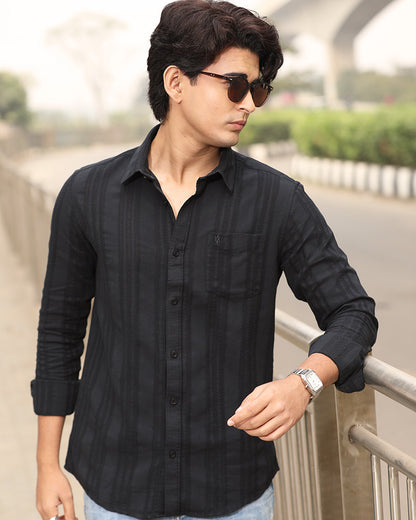 Black Full Sleeve Remi-Cotton Striped Shirt