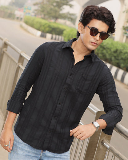Black Full Sleeve Remi-Cotton Striped Shirt