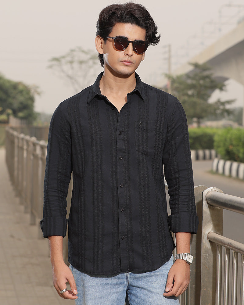 Black Full Sleeve Remi-Cotton Striped Shirt