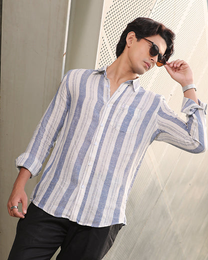 White and Blue Striped Remi Cotton Full Sleeve Shirt – Kairo