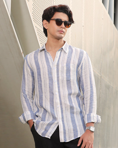 White and Blue Striped Remi Cotton Full Sleeve Shirt – Kairo