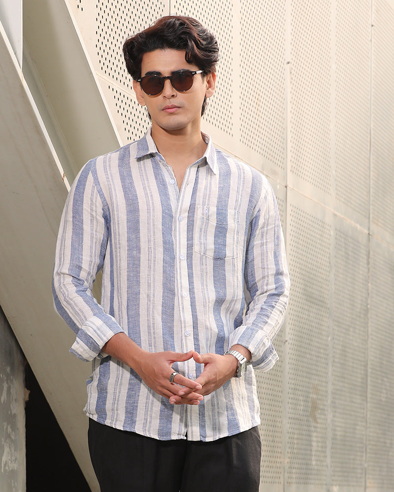 White and Blue Striped Remi Cotton Full Sleeve Shirt – Kairo