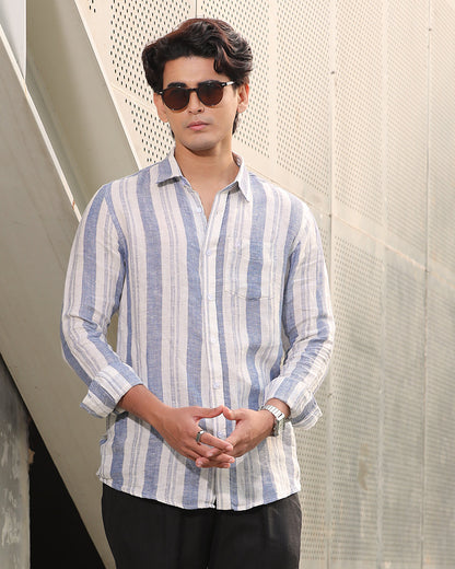 White and Blue Striped Remi Cotton Full Sleeve Shirt – Kairo