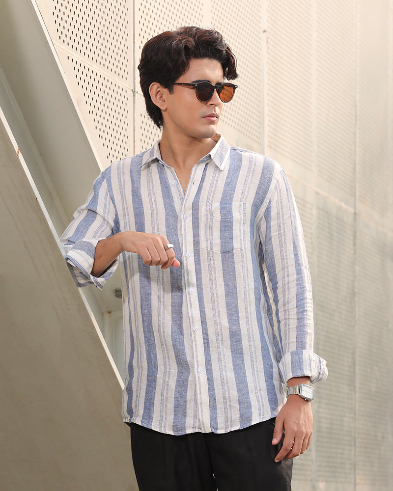 White and Blue Striped Remi Cotton Full Sleeve Shirt – Kairo