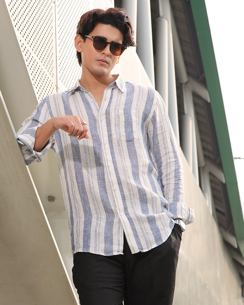 White and Blue Striped Remi Cotton Full Sleeve Shirt – Kairo