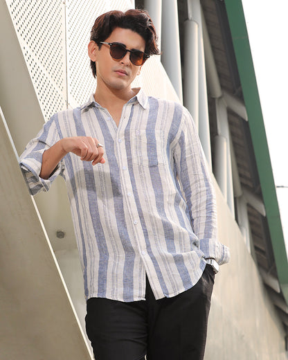 White and Blue Striped Remi Cotton Full Sleeve Shirt – Kairo