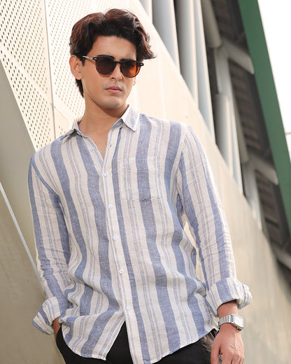 White and Blue Striped Remi Cotton Full Sleeve Shirt – Kairo
