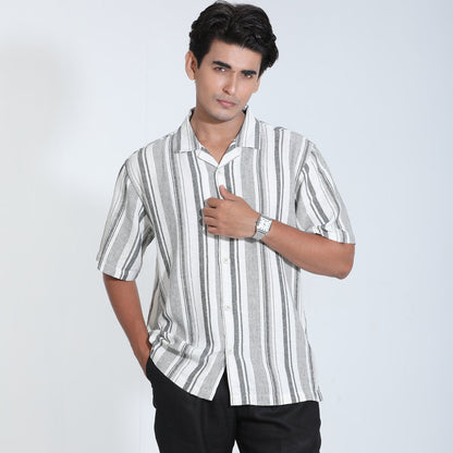 White and Black Cotton Half Sleeve Shirt