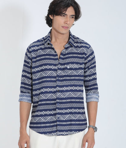 Blue & White Printed Cotton Check Full Sleeve Shirt – Kairo