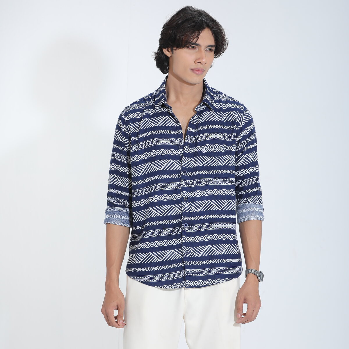 Blue & White Printed Cotton Check Full Sleeve Shirt – Kairo