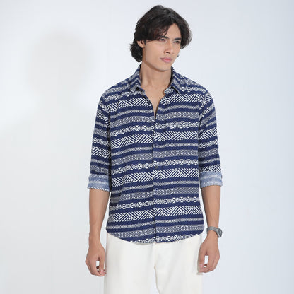 Blue & White Printed Cotton Check Full Sleeve Shirt – Kairo