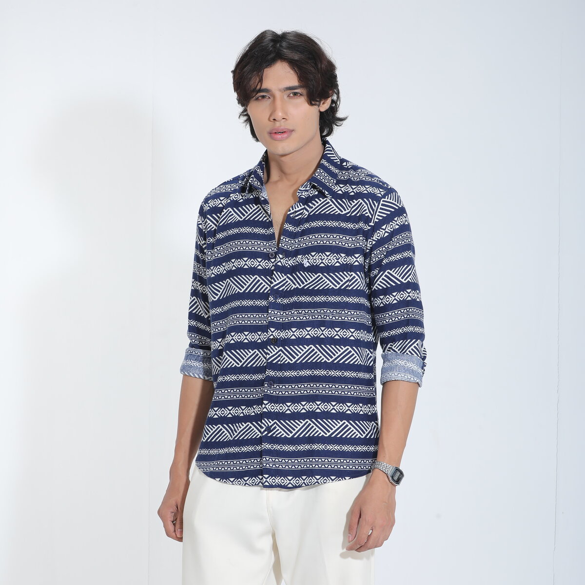 Blue & White Printed Cotton Check Full Sleeve Shirt – Kairo