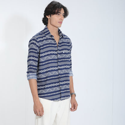 Blue & White Printed Cotton Check Full Sleeve Shirt – Kairo