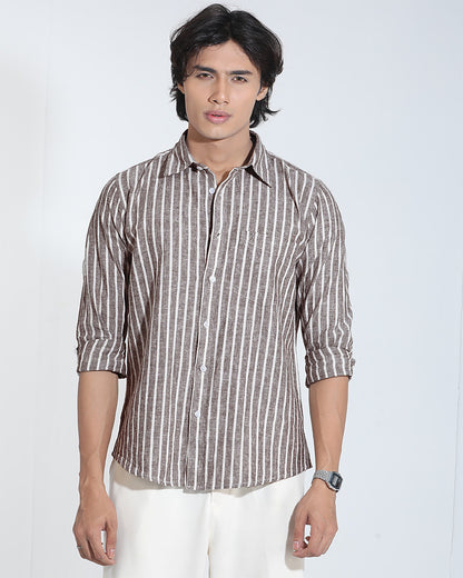 Coffee Beige Remi-Cotton Striped Shirt
