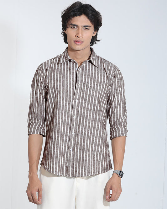 Coffee Beige Remi-Cotton Striped Shirt