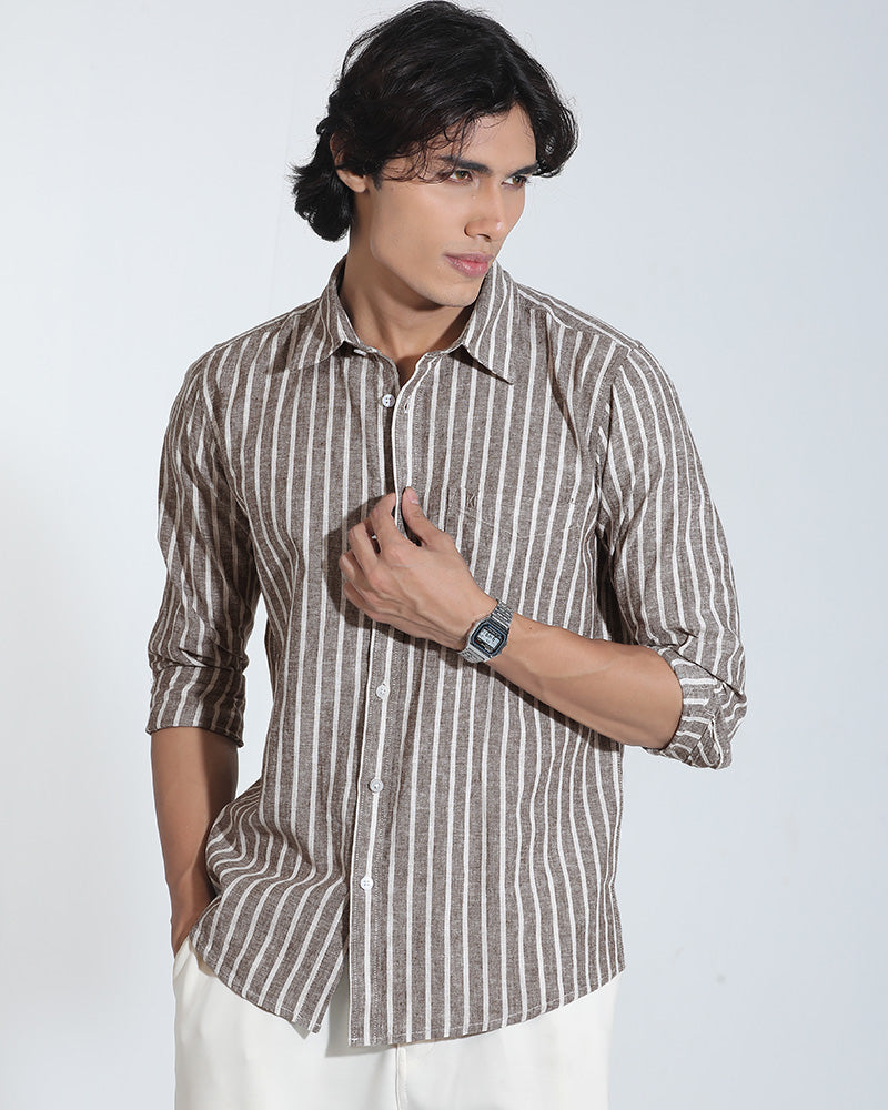 Coffee Beige Remi-Cotton Striped Shirt