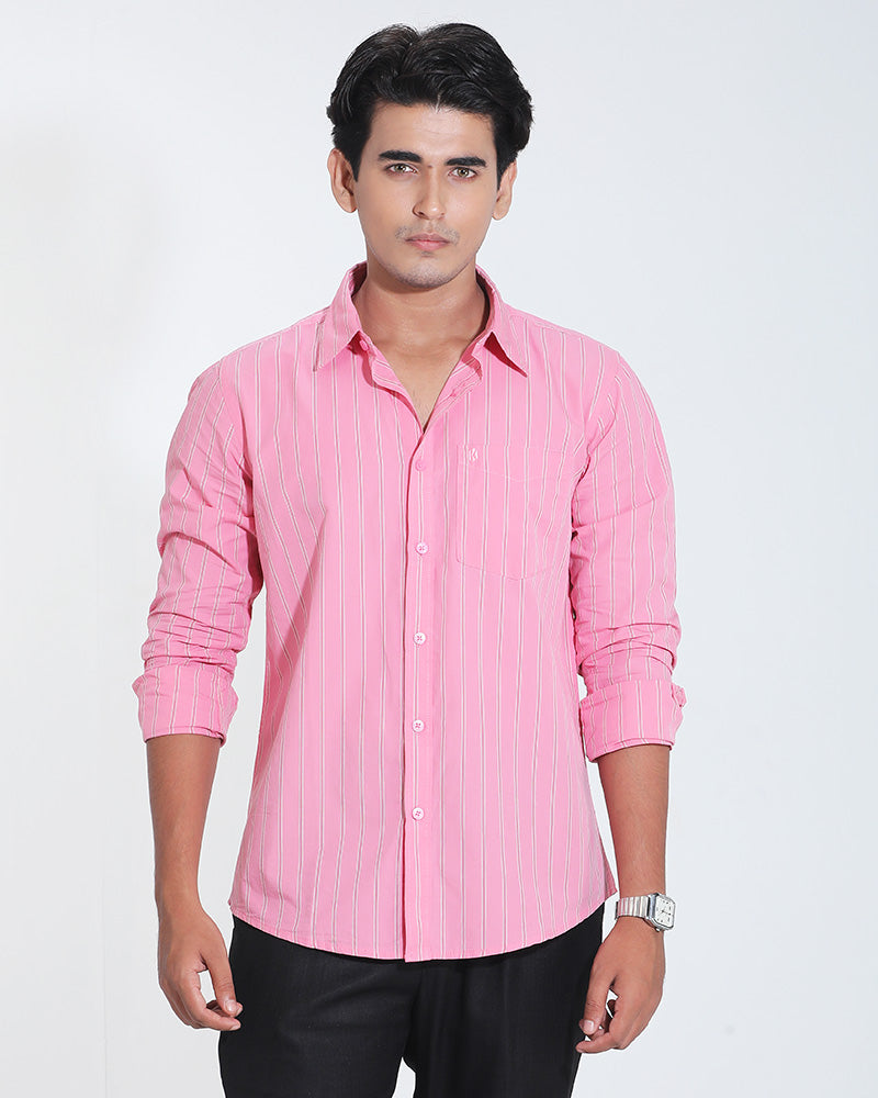 Pink &amp; Red Striped Cotton Full Sleeve Shirt for Men – Bold Pastel Style