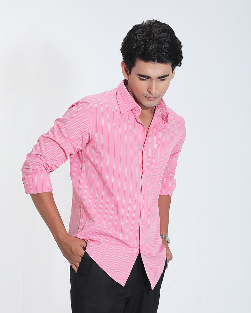 Pink &amp; Red Striped Cotton Full Sleeve Shirt for Men – Bold Pastel Style