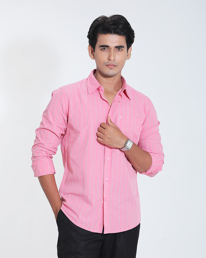 Pink &amp; Red Striped Cotton Full Sleeve Shirt for Men – Bold Pastel Style