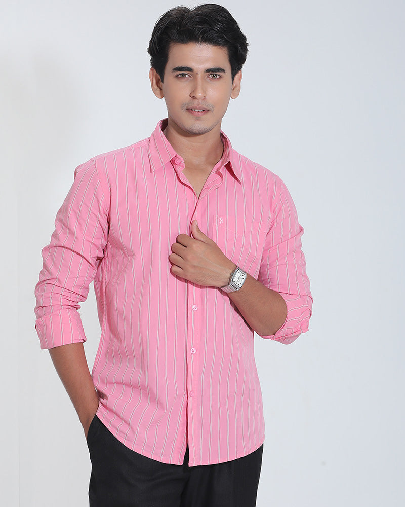 Pink &amp; Red Striped Cotton Full Sleeve Shirt for Men – Bold Pastel Style