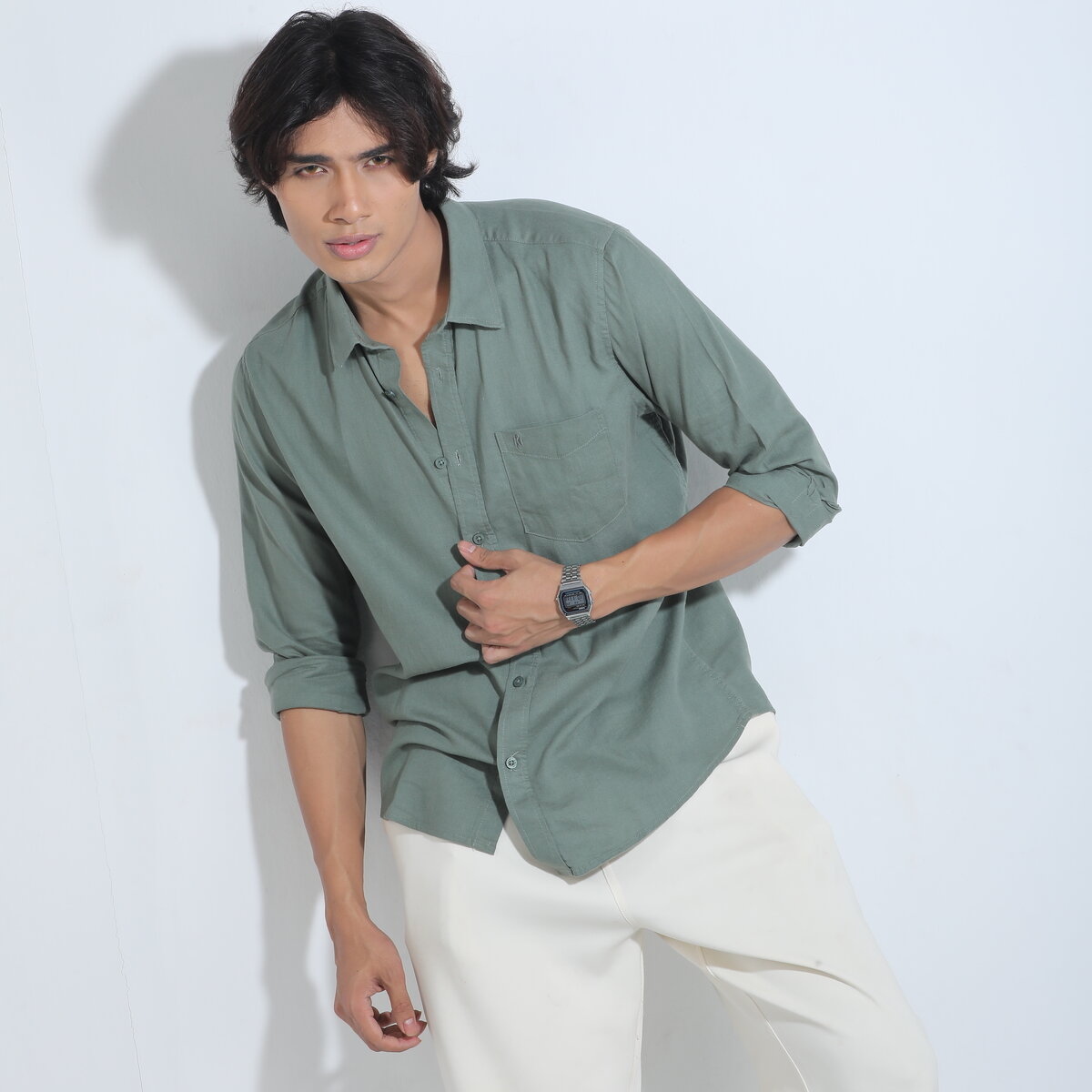 Olive Color Full Sleeve Remi-Cotton Shirt – Kairo