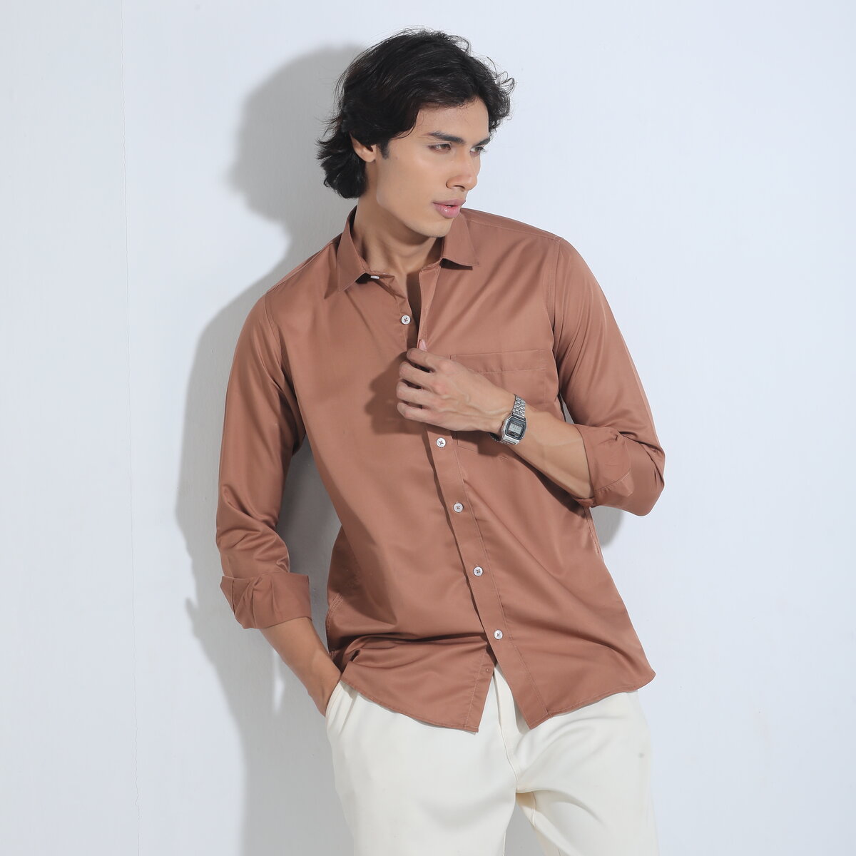 Coffee Color Solid Full Sleeve Shirt