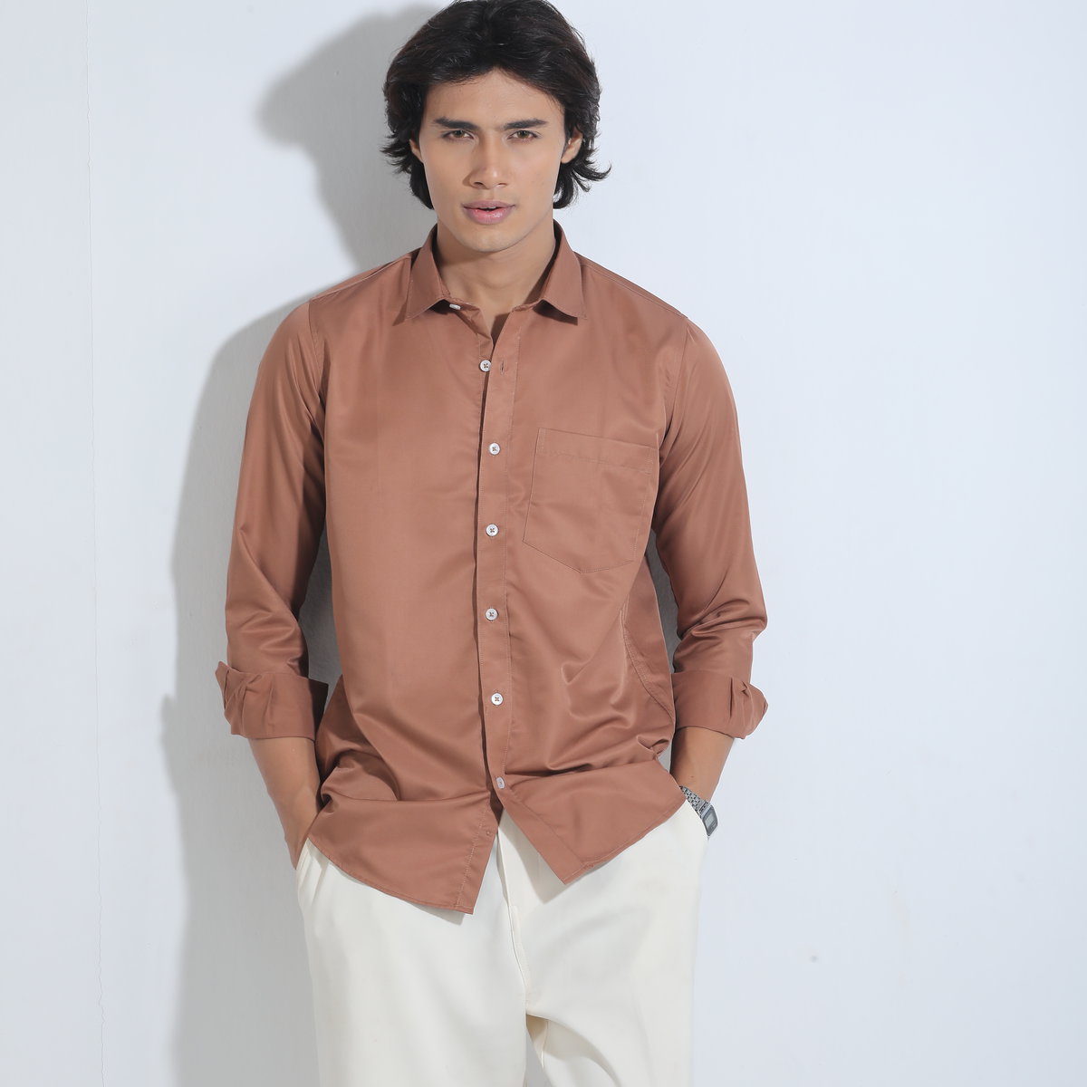 Coffee Color Solid Full Sleeve Shirt