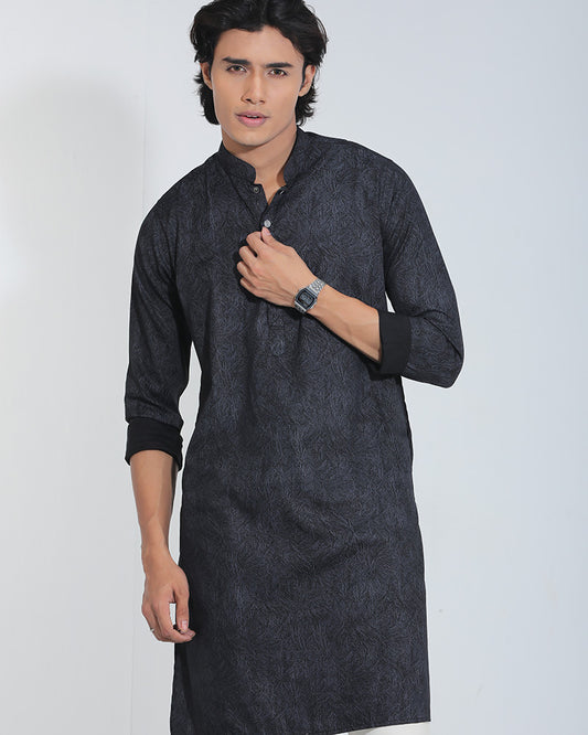 Black Printed Linen Panjabi for Men