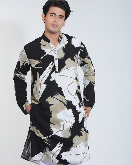 Black and White Printed Linen Panjabi for Men