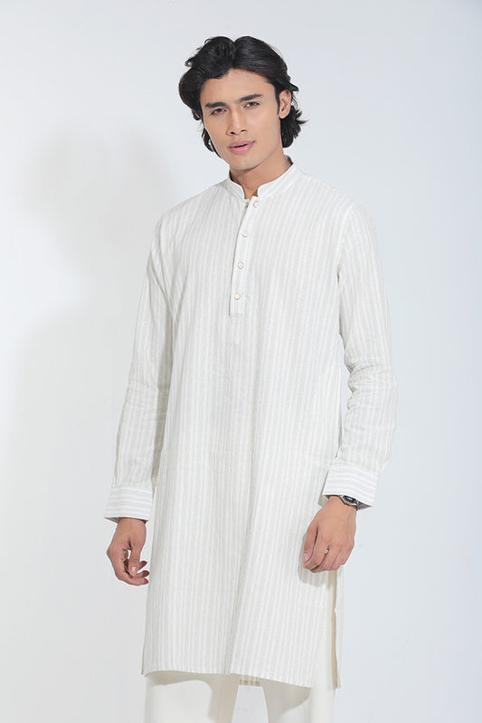 White Fancy Striped Panjabi for Men
