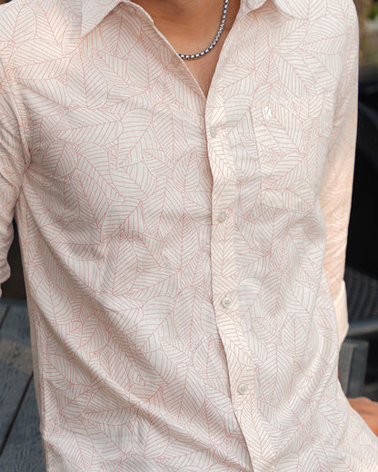 White Botanical Leaf Print Remi Cotton Full Sleeve Shirt for Men – Effortless Smart-Casual Style
