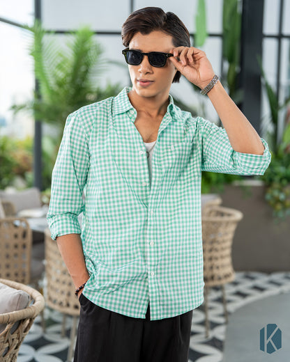 Green And White Cotton Check Full Sleeve Shirt – Kairo