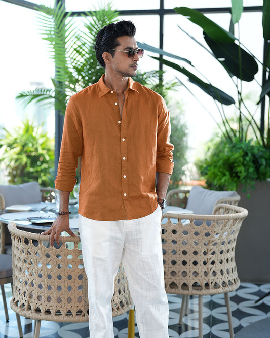 Brick Color Full Sleeve Remi-Cotton Shirt – Kairo