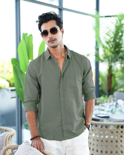 Olive Color Full Sleeve Remi-Cotton Shirt – Kairo