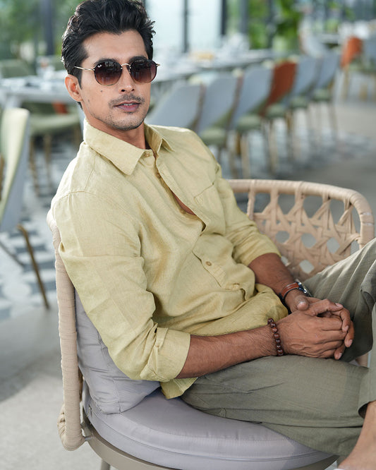 MetalicGold Color Full Sleeve Remi-Cotton Shirt – Kairo