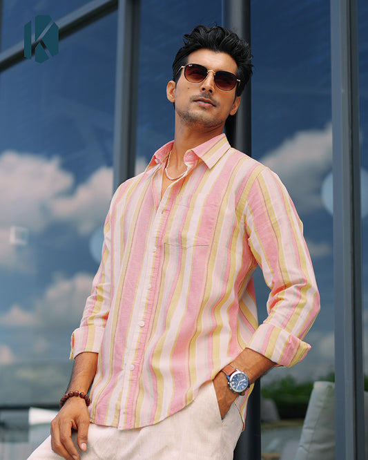 Sunrise Pink & Gold Full Sleeve Remi-Cotton Striped Shirt